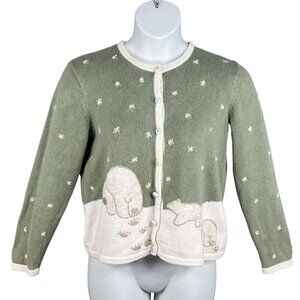 Christopher & Banks Women M Kelly Green Cardigan Polar Bear Hand Embroidered Top